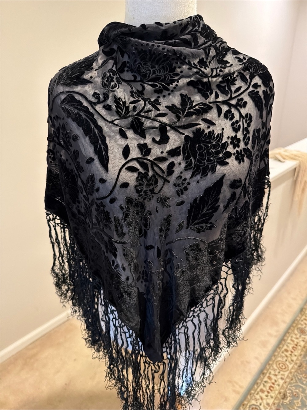 Silk Velvet Burnish Shawl/ Scarf Sheer Wrap Fringe Black Paisley. Belly dance.